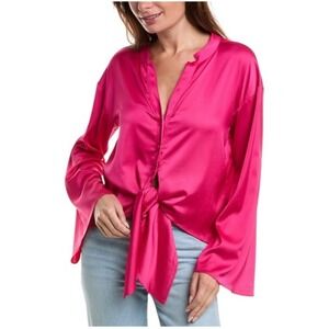 Anthropologie Hutch Otto Top Women L Fuchsia Satin Tie-Front Bell Sleeve NWT